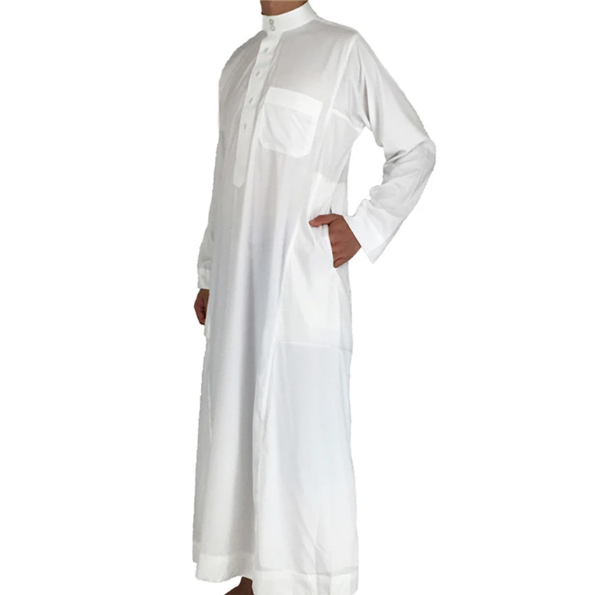 Мужской мусульманский длинный халат Jubba tobe белый однотонный воротник стойка