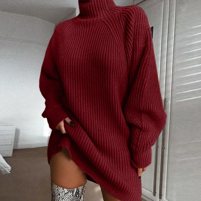 Women Turtleneck Sweater Dresses Autumn Solid Loose Knitted Dress Elegant Long Sleeve Oversized Winter Female Mini Sweater Dress WineRed