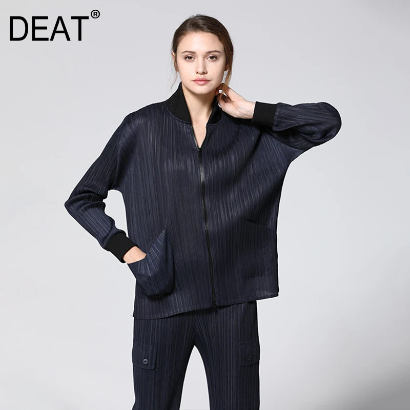 

[DEAT] 2019 Autumn Women's Fashion Trend New Pattern Pleated Long Sleeve Zipper Stand Collar Casual Sports Thin Jacket AI586
