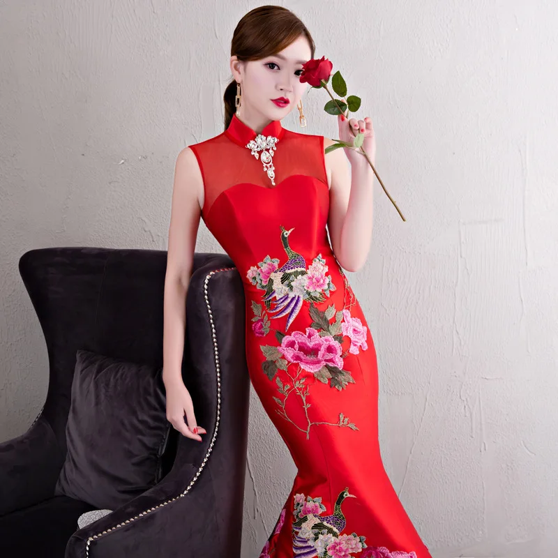 Длинное Cheongsam в китайском стиле, свадебное длинное красное платье Cheongsam в стиле ретро, тонкие вечерние платья, свадебное платье Qipao, модная женская одежда