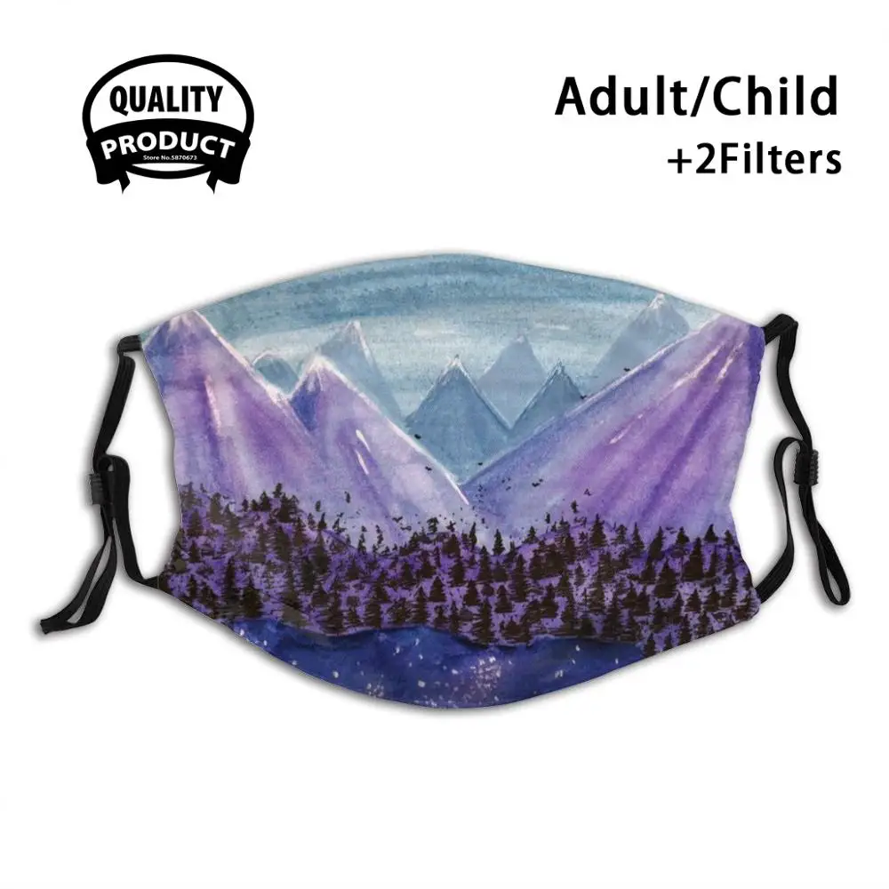 

Purple Mountains Reusable Mouth Mask Filter Cool Kawaii Funny Custom Design Masks Purple Mountains Forest Watercolor Layers