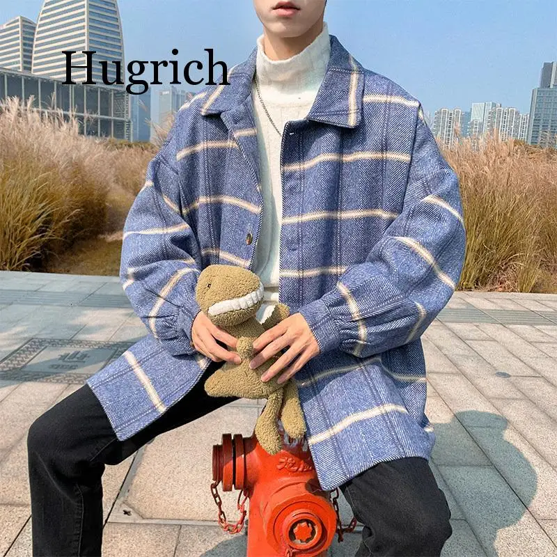 

2020 Autumn Woolen Jacket Men's Fashion Retro Casual Tartan Woolen Coat Man Streetwear Wild Loose Male Jackets Men Outwear M-2XL
