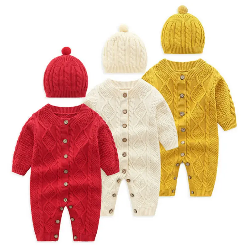 

New 2Pcs Baby Girl Boy Knitted Button Romper Jumpsuit Overall Winter Clothes
