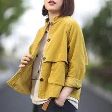 Johnature осеннее повседневное модное лоскутное вельветовое пальто с карманами и стоячим воротником Новое однотонное винтажное женское короткое пальто с длинным рукавом