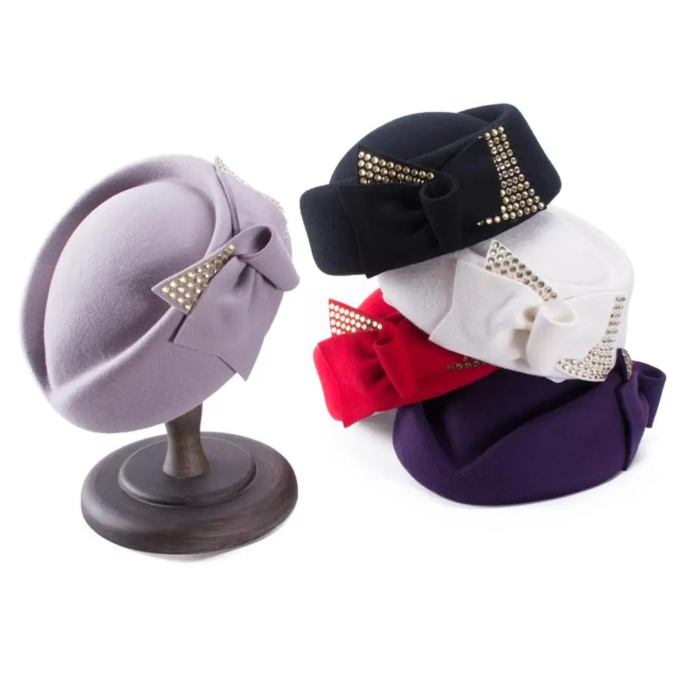 Wool Felt Pillbox Beret Hat Rhinestone 