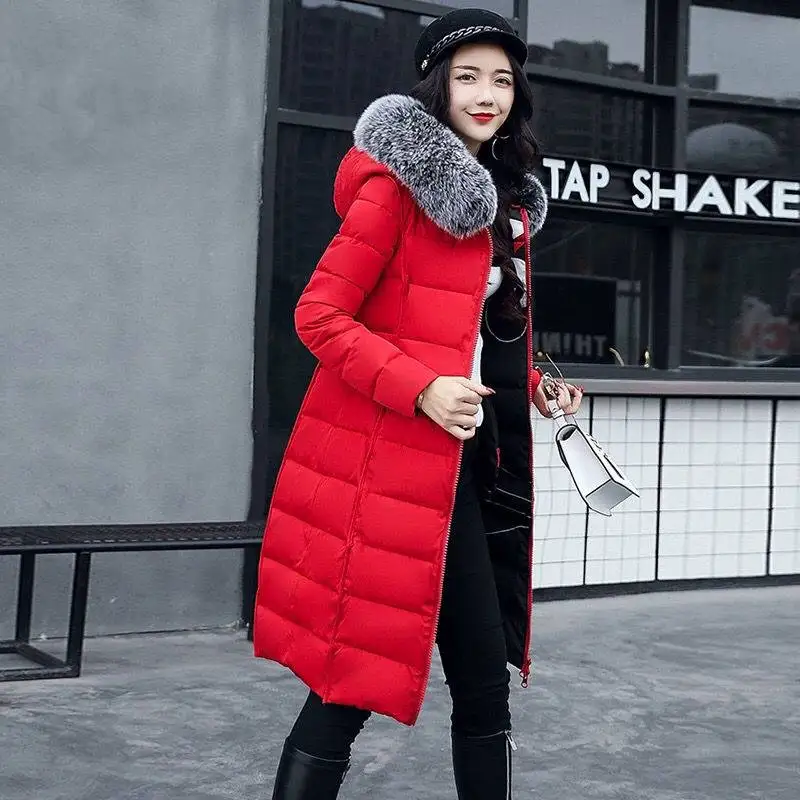 red coat Большие размеры 3XL, парки, Двусторонняя одежда, пуховая хлопковая зимняя куртка для женщин, с капюшоном, с воротником из искусственного меха, зимнее пальто для женщин, длинное пальто C5813 - Цвет: red coat