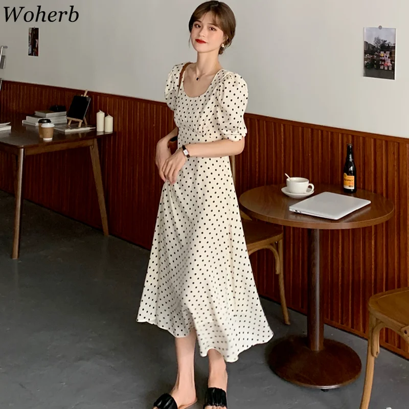 Woherb Korean Vintage Women Long Dress Puff Sleeve Vneck Polka Dot A