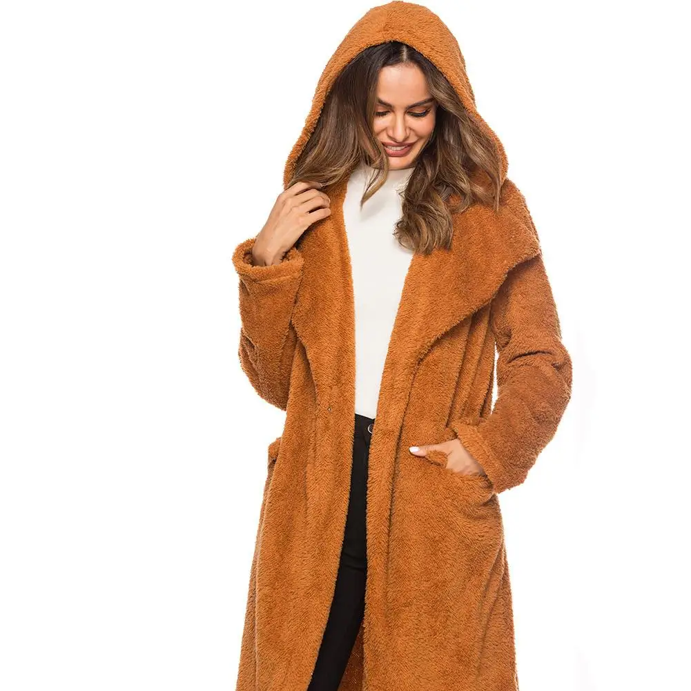 

2019 New Women Wool Blends Lamb Faux Fur Long Jacket Coats Pocket Female Thick Warm Solid Teddy Fleece Soft Plush Outerwear