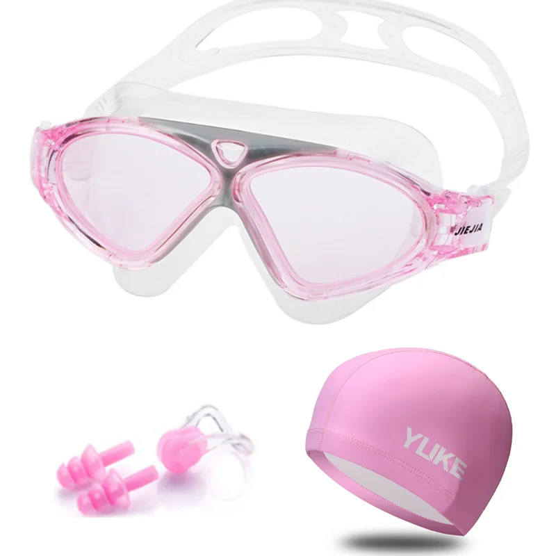 big frame Swimming goggles Anti-fog Waterproof swim glasses with Earplug Pool cap for Men Women Adult Sports Diving Eyewear - Цвет: Розовый