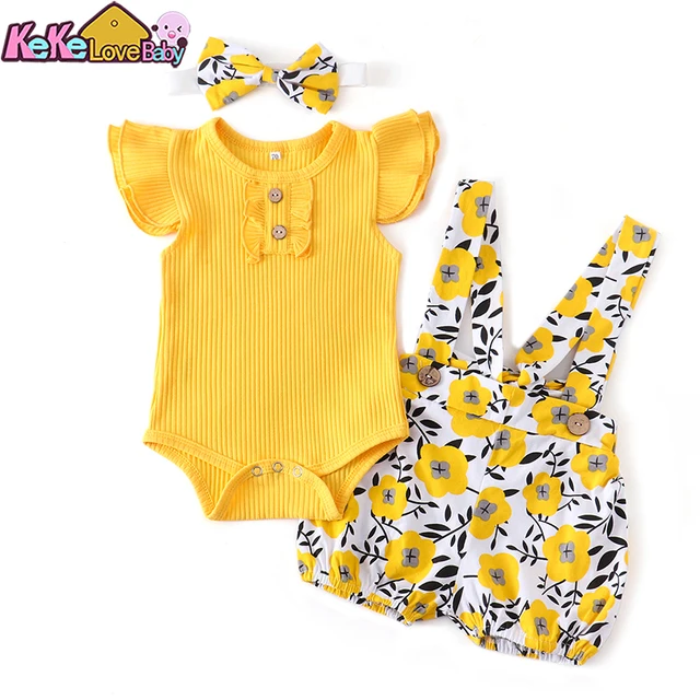 Baby Girl Summer Clothes Set Fashion Newborn Infant Knitting Cotton Ruffles Romper Shorts Bow Headband 3Pcs For Toddler Outfits 1