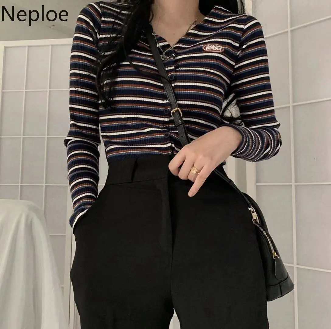 

Neploe Women Striped Knitwear 2019 Autumn Slim V-neck Knitted Pullovers Pull Jumpers Contrast Color Ladies Femme Sweaters 54794