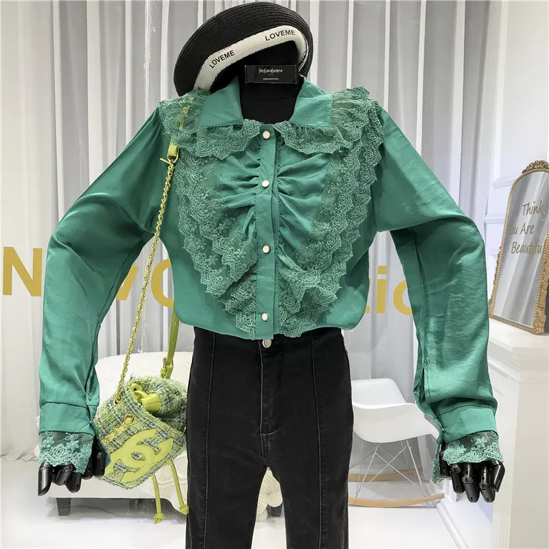 ALPHALMODA зима дизайн кружевная отделка длинный рукав рубашка Женская Формальная тонкая универсальная блузка Топ