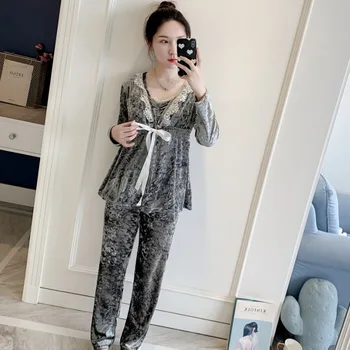

Spring Autumn Warm Velvet Sleep Set Pijamas Suit Solid Gray Velour 3pcs Strap Top&shorts Casual Lady Bath Gown Wedding Robe Set