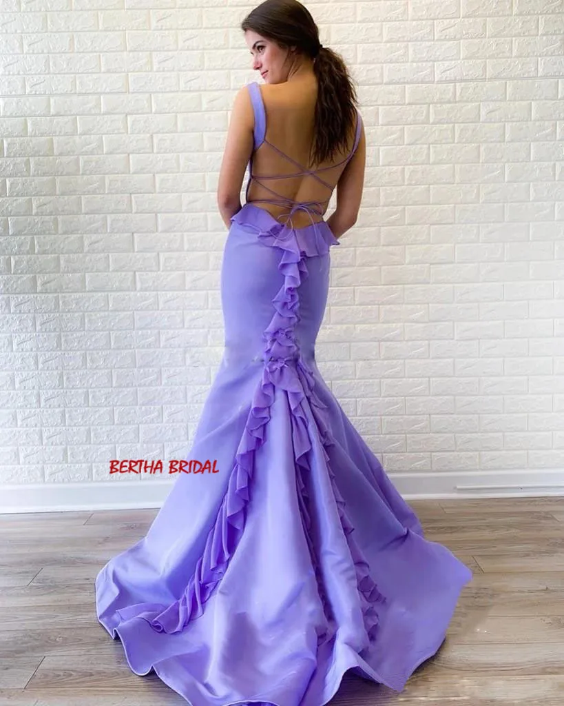 Vestidos De Gala Лавандовые платья для выпускного вечера Русалка Спагетти Кружева обратно формальное платье с оборками Поезд Платья для особых случаев