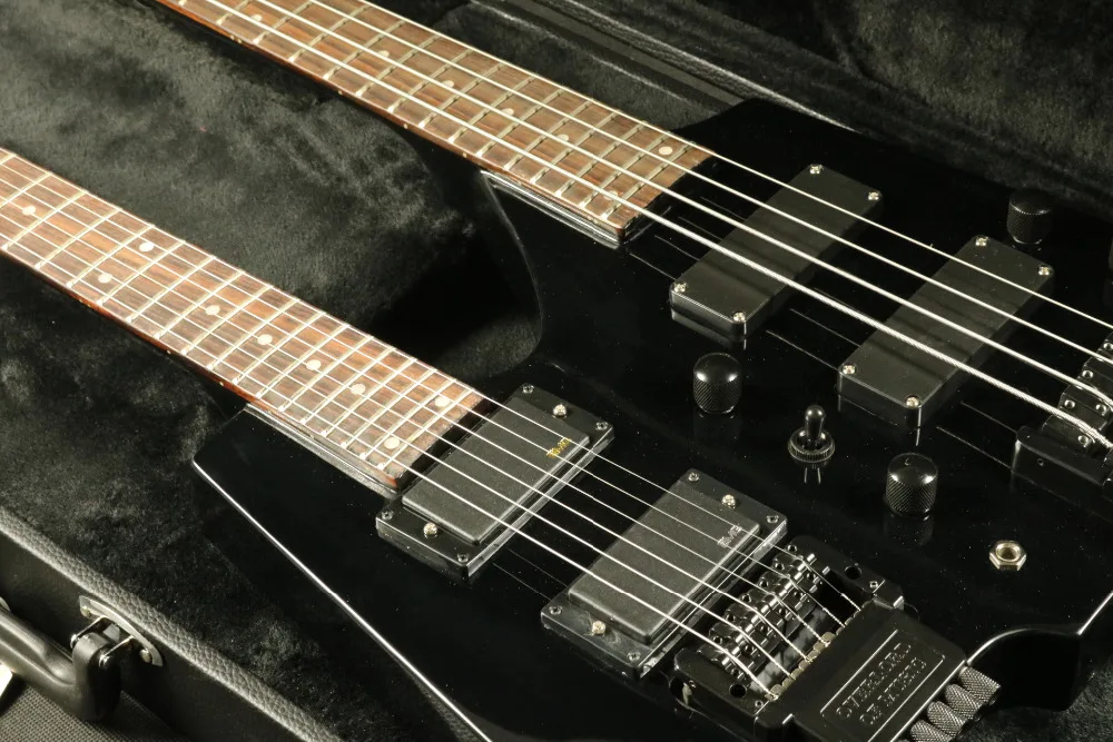 In Stock Headless Electric Guitar Bass T-01 Black Flamed Maple Top Double Neck Set In Neck Guranteed Quality Free Shipping