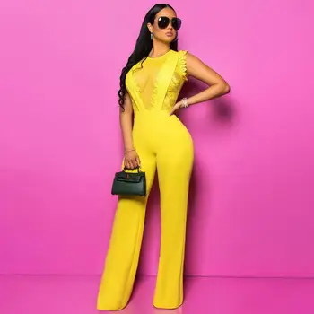 

New Women Sexy Mesh Lace Patchwork Jumpsuit Wide Leg Casual Slim Women's Business Overalls Elegant Formal Office Lady Jumpsuit