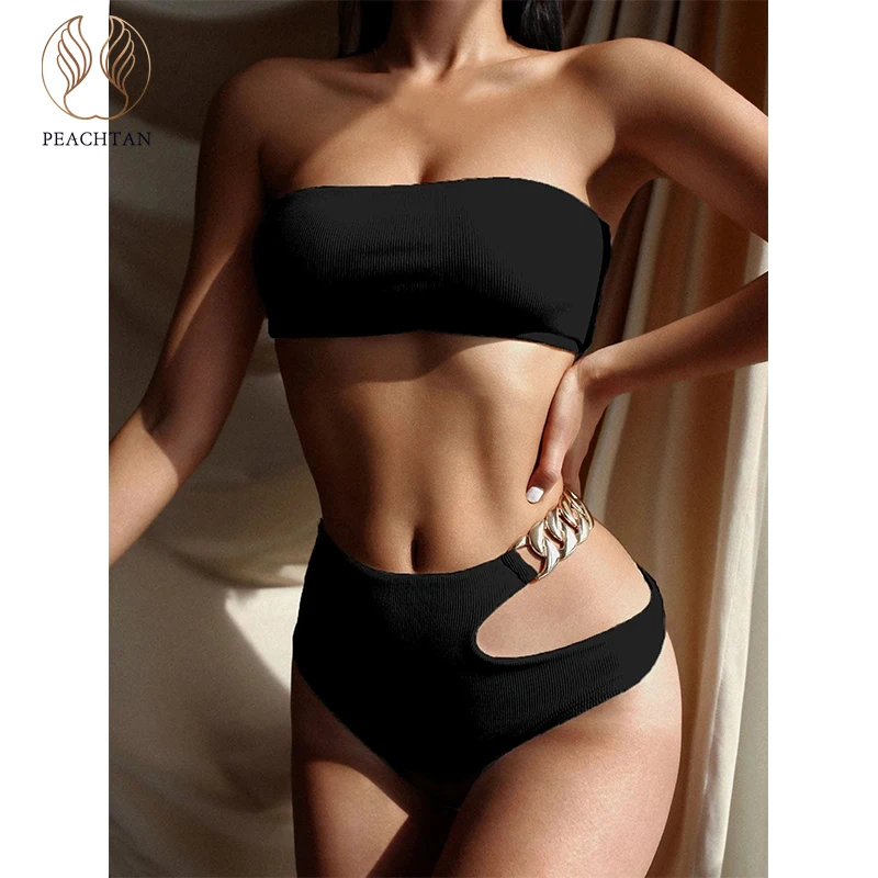 Peachtan Solid bikini 2021 High waist swimwear female Chain swimsuit women Bandeau 2 pieces set Sports bathing suit Ribbed new bikini shorts set