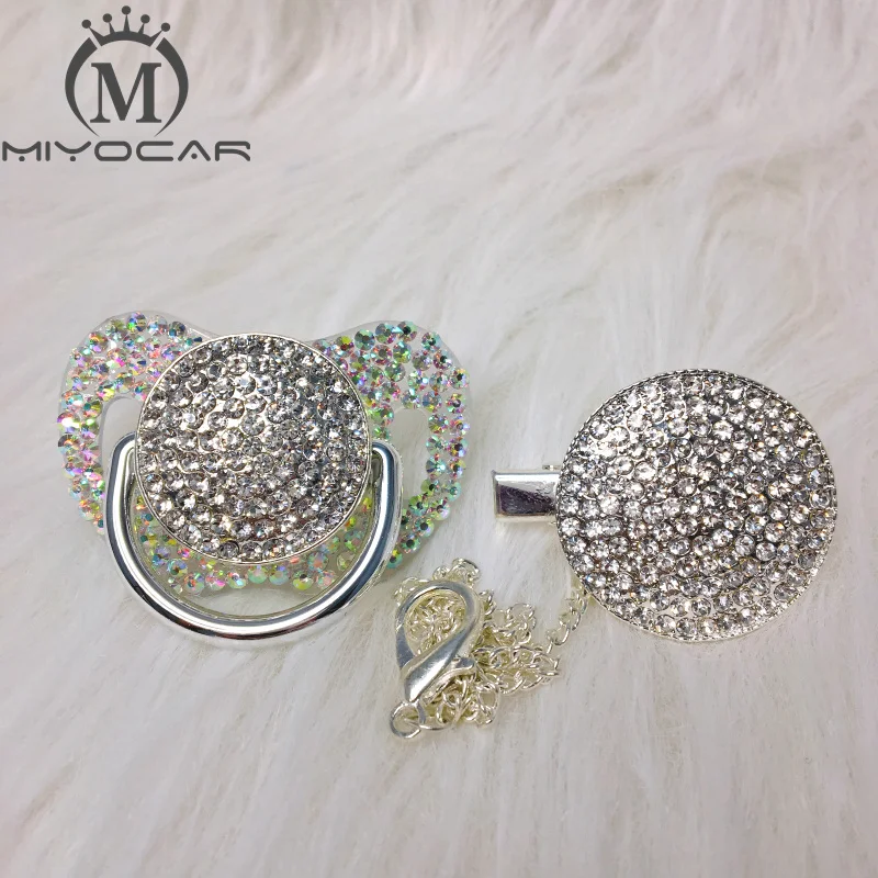 MIYOCAR All colorful full Rhinestone pacifier and clip set pacifier chain holder gold pacifier