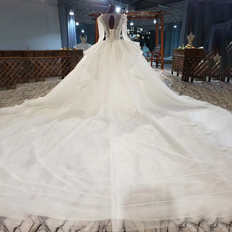 HTL1952 Elegant Extravagant Sequin Crystal Pearls Wedding Dress 2020 Deep V-Neck Long Sleeve Lace Up Back 2