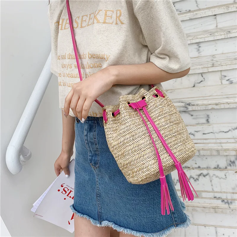 

Contrast Color Tassels Pull-belt Straw Bucket Bag 2019 Spring Summer New Style Large-Volume Shoulder Oblique Hand Bag