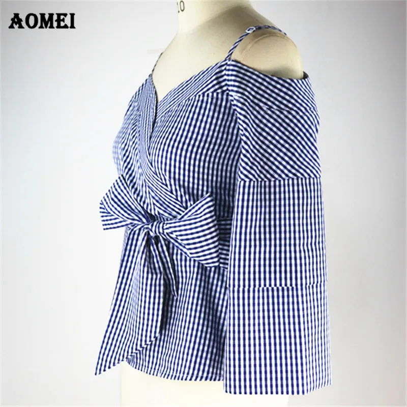 Женский клетчатый топ с баской блузка открытой спиной и открытыми плечами летняя