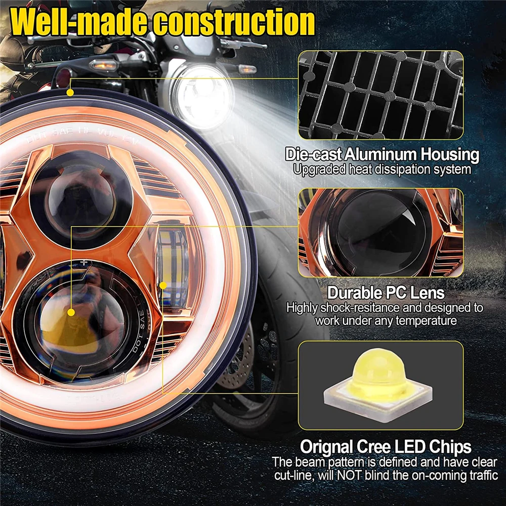 Motorcycle 7inch LED Headlight 7" H4 LED DRL Halo Ring Amber Turn Signal Headlam