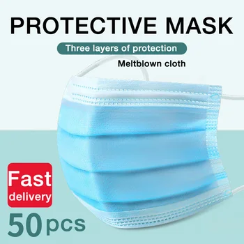 

50pcs Disposable 3 Layer Non-woven Face Masks Elastic Earloops Soft Safe Breathable Mouth Masks Adult Anti-Dust Blue Mouth Masks