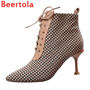 

Fabric Lattice Patchwork Mesh Booties Stiletto Heels Pointed Toe Lace-up Ankle Boots Net Pattern Party Shoes Gladiator Boot