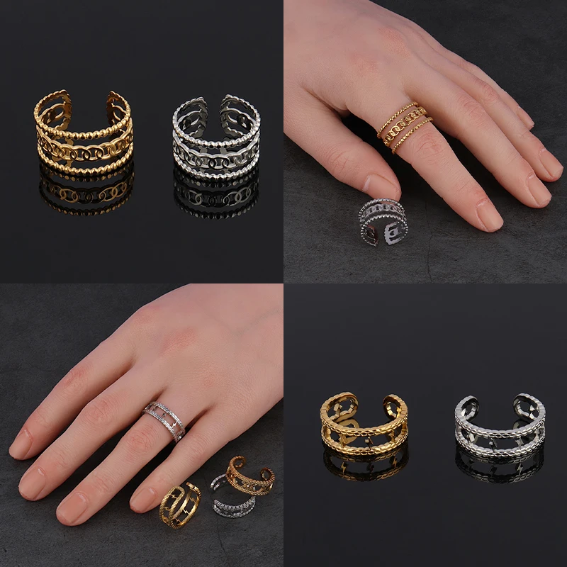 Finger Ring Stainless Steel Adjustable Gold Color Opening Chain Ring For Women