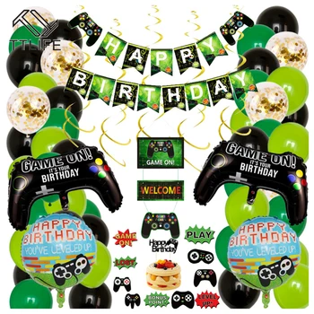 

1set Game on Balloons Black Gamepad Boy Game on Banner Birthday Party Decorations Kids Black Match Props Gaming Cake Topper