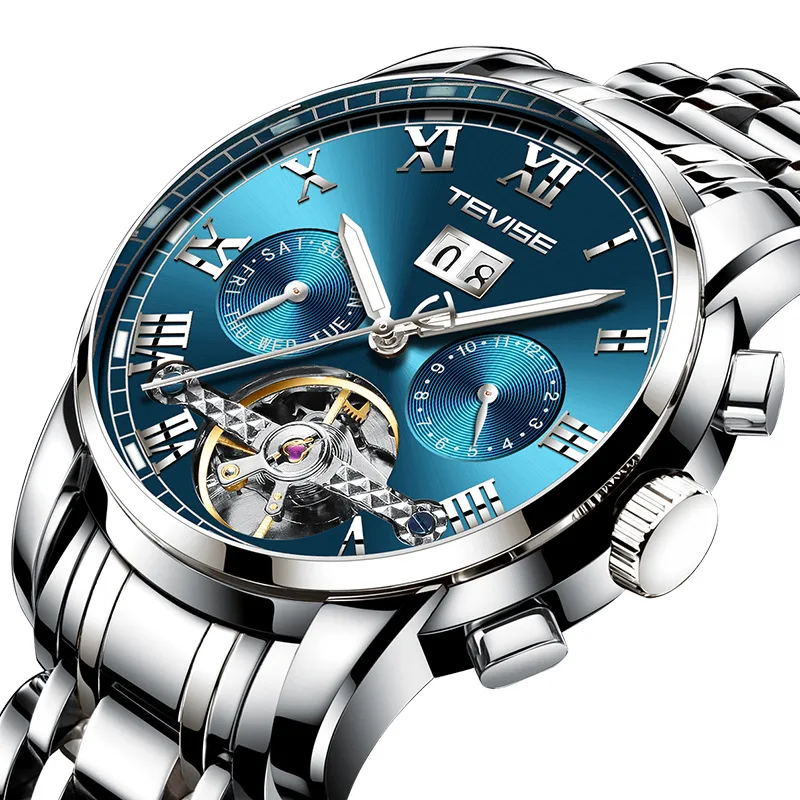 silver blue TEVISE Мужские автоматические механические часы для мужчин, мужские наручные часы с турбийоном, водонепроницаемые часы со скелетом, Relogio Masculino - Цвет: silver blue