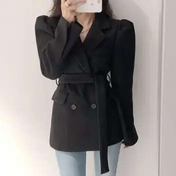 

Minimalist Retro Suit Coat Double-breasted Strap Waist Slim Puff Sleeve Woolen Blazer for Women
