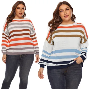 

KALENMOS Women Fashion Stripe Large Size Autumn Winter Pullover Ladies Casual Loose Round Neck Batwing Sleeve Sweater Plus Size