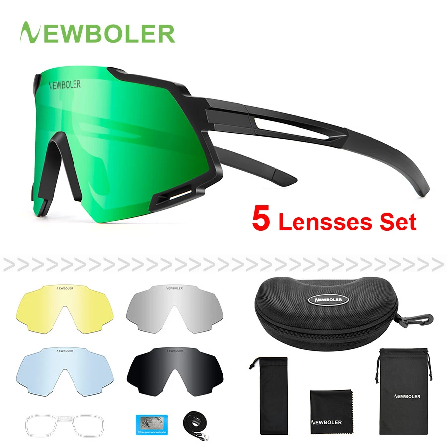 NEWBOLER Polarized Cycling Glasses Bike Outdoor Sports Bicycle Sunglasses For Men Women Goggles Eyewear 5 Lens Myopia Frame