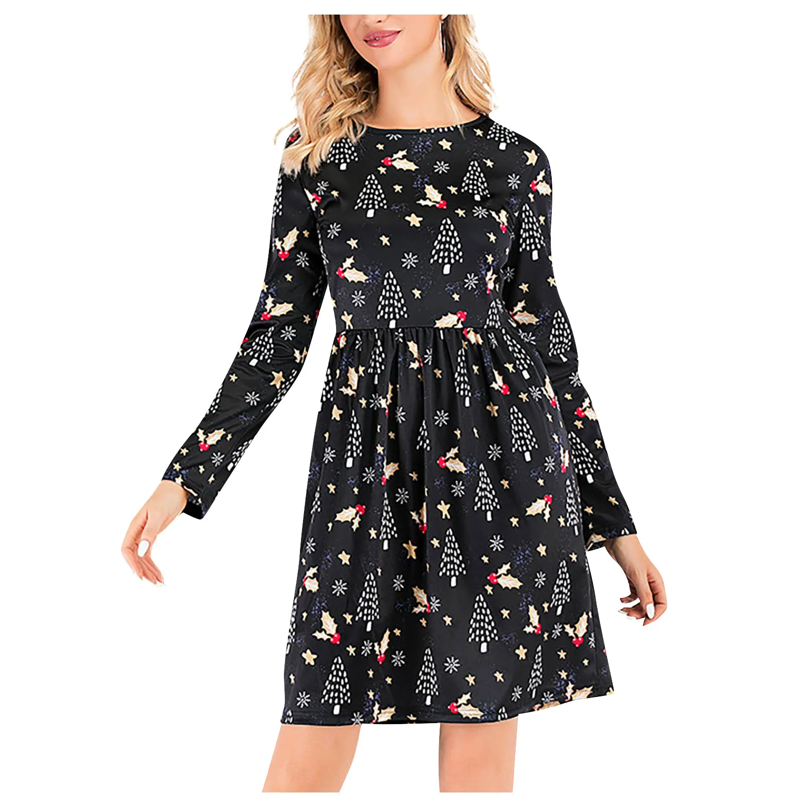 Women's Vintage Christmas Printed Dress O-neck Large Size Costume A-line Dress Elegant Fashion Winter Dresses Streetwear Vestido 1