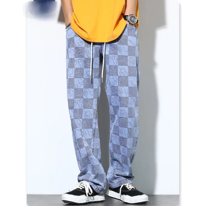 Retro Plaid  Men's Jeans New Summer Wide Leg Pants Japanese Streetwear Cartoon Print Fashion Harajuku Trousers Men Baggy Jeans 2