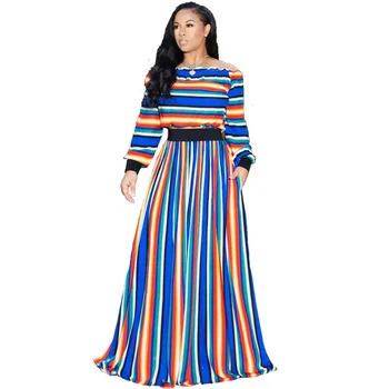 

Off Shoulder Women Two Piece Skirt Set 2019 Long Sleeve Autumn Winter Striped Casual Fashion Knitted Sweat Suit Set Maxi Dress