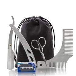 Men Beard Grooming Kit Trimming Shaving Comb Set Mustache Scissors Shaping Shave Safety Razor Beard Care Styling Tool