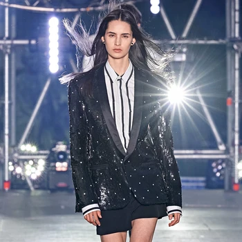 

2020 Summer Hot Suit Jacket Black V-neck Celebrity Evening Runway Party Pocket Button Long Sleeves Lace Sexy Club Suit Vestidos