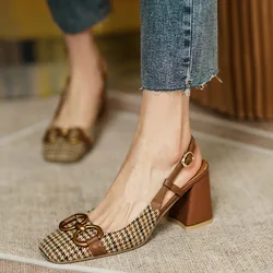 Retro Plaid Fabric High Heels Shoes For Women Metal Buckle Square Toe Pumps Spring New Thick Heel Back Strap Ladies Office Shoes