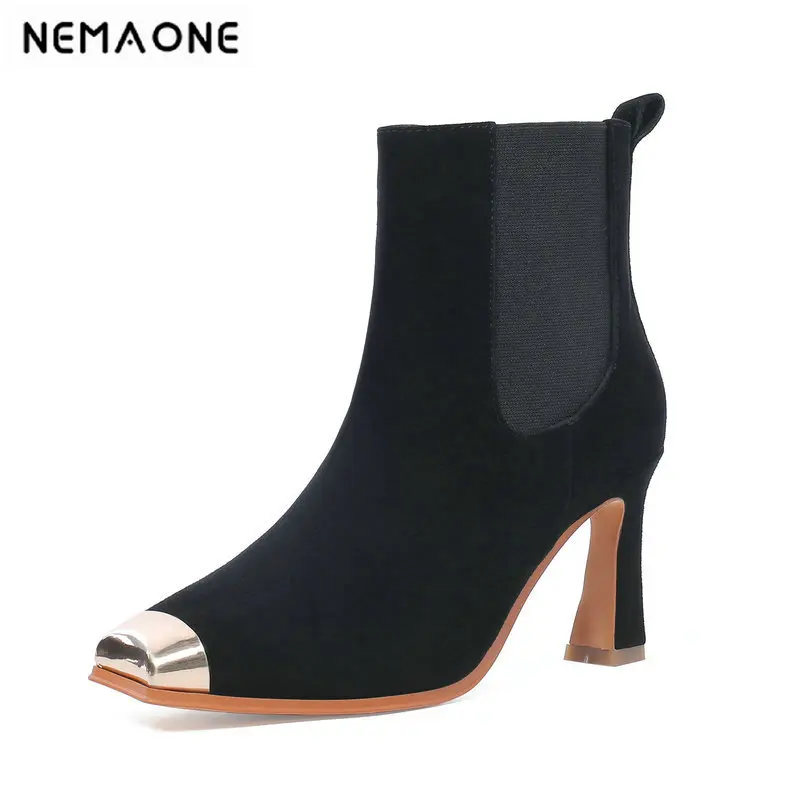 

NEMAONE Square Toe high Heels Women Ankle Boots Autumn Winter Comfortable Genuine Leather Chelsea Boots Party Shoes size 42 43