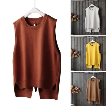 

Autumn Women Solid Color Back Lace Up Sleeveless Knitted Pullover Knitwear Vest