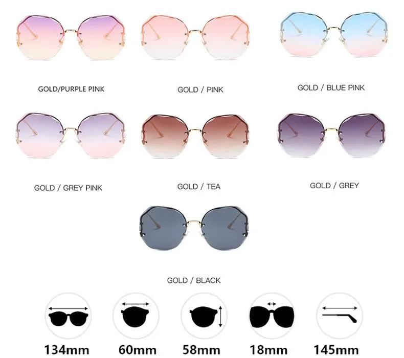 2021 Fashion Tea Gradient Sunglasses Women Ocean Water Cut Trimmed Lens Metal Curved Temples Sun Glasses Female UV400
