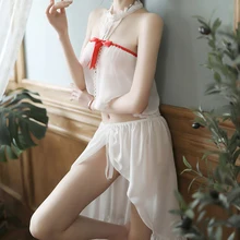 Новые женские Милые шифоновые Висячие шеи Сплит прозрачная ночнушка из двух частей сексуальное женское белье Женские топы и блузки