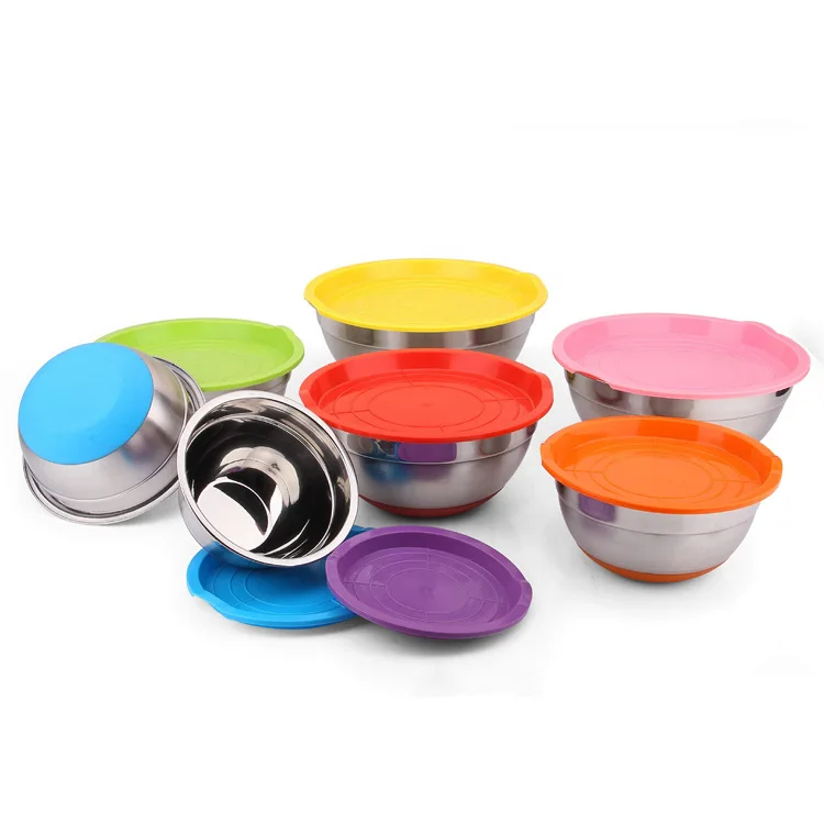 Baking Tool Stir Egg Pots with Lid Salad Bowl Anti-slip Silica Gel Bottom Salad Bowl Stainless Steel Salad Bowl