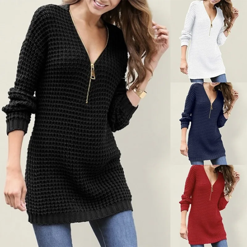 

2019 new women's solid color sweater women's Europe and the United States long zipper v-neck sweater dress
