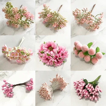 

6/8/10/12/24/200pcs Pink Hybrid Flower Cherry Stamen Berries Bundle DIY Cake Christmas Wedding Gift Box Wreaths Decor