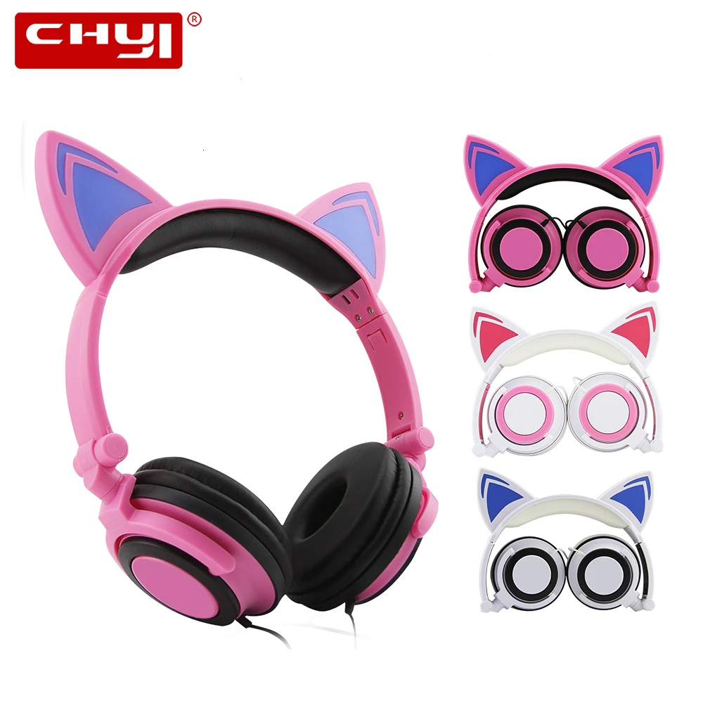 CHYI Cat Ear Wired Sport Headphones Professional Foldable Gaming Headset LED Light Earphones Cute Gift Headphone For Kids Girls