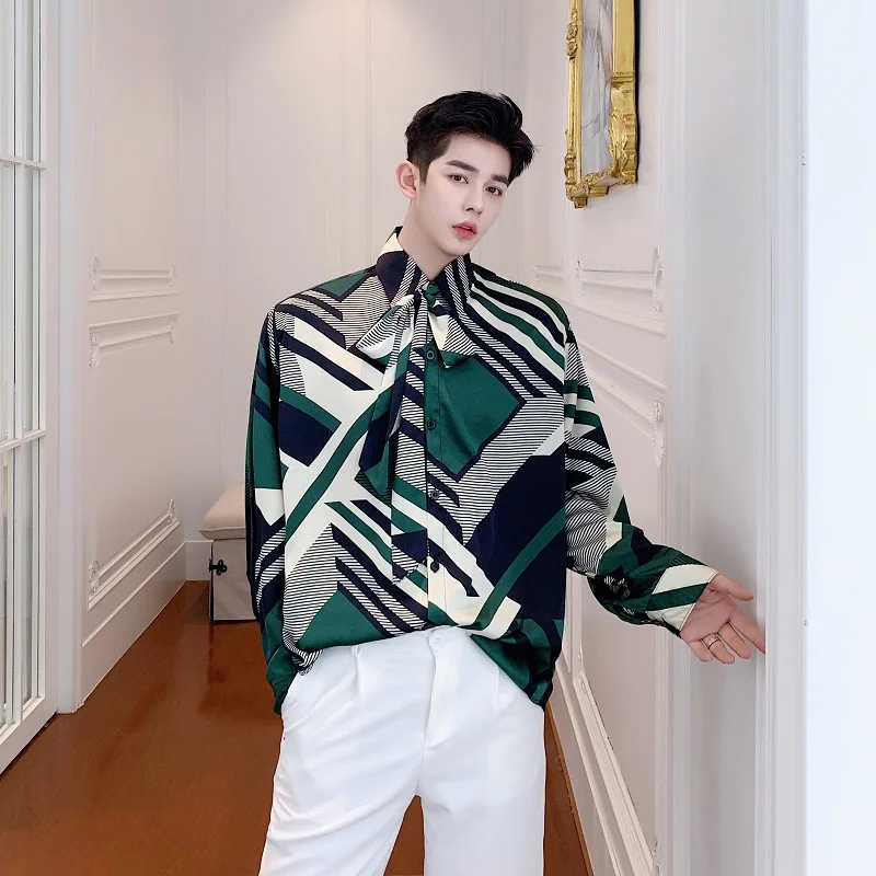 

Men Spring New Long Sleeve Casual Shirts Male Vintage Print Tie Bow Fashion Show Loose Dress Shirts Stage Clothing
