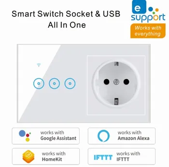 

2 In 1 Wall Smart Switch Socket Tempered Glass for Ewelink and smart life APP Touching Button Wall Smart Light Controlling Panel